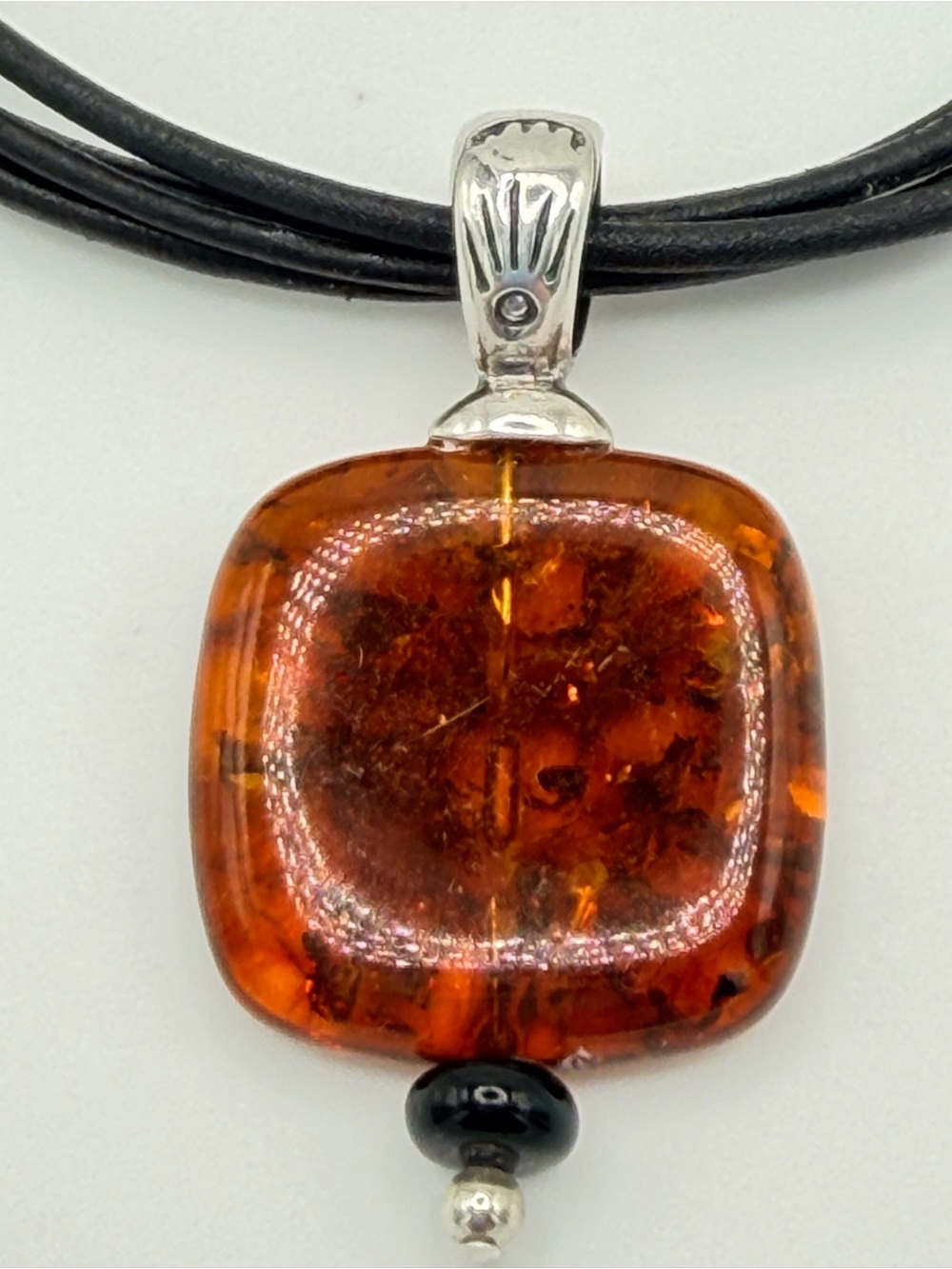 Silpada Vintage Sterling 4-Strand Leather Amber Pendant w/Onyx Beads Necklace - Picture 8 of 15